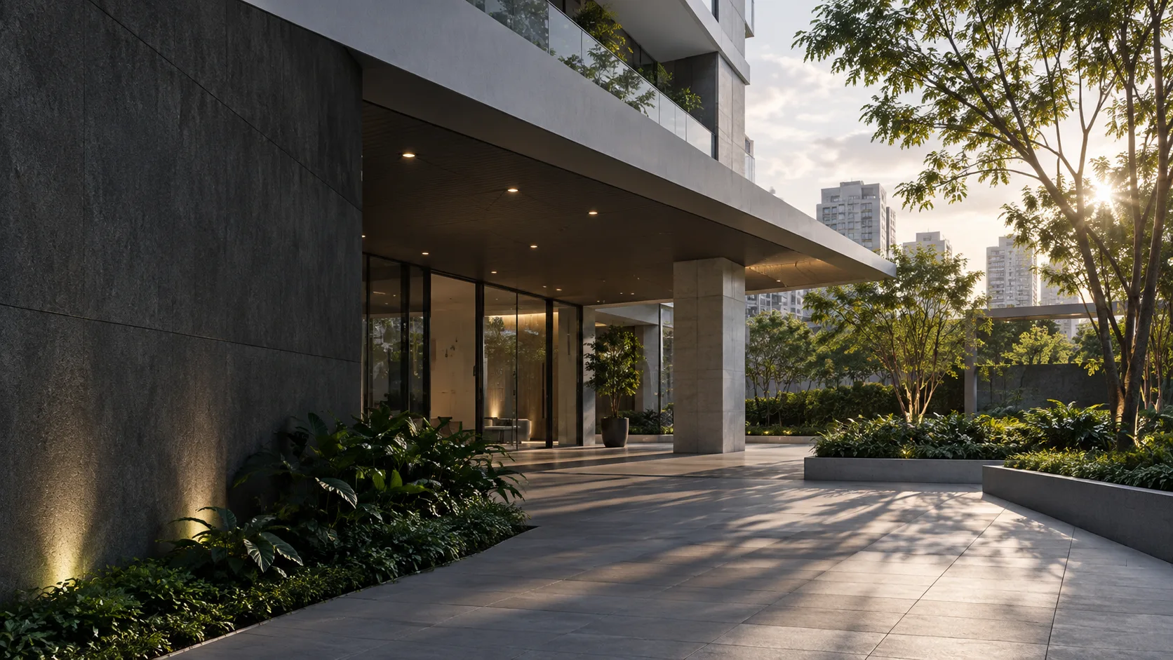 Área comum de condomínio residencial com jardim