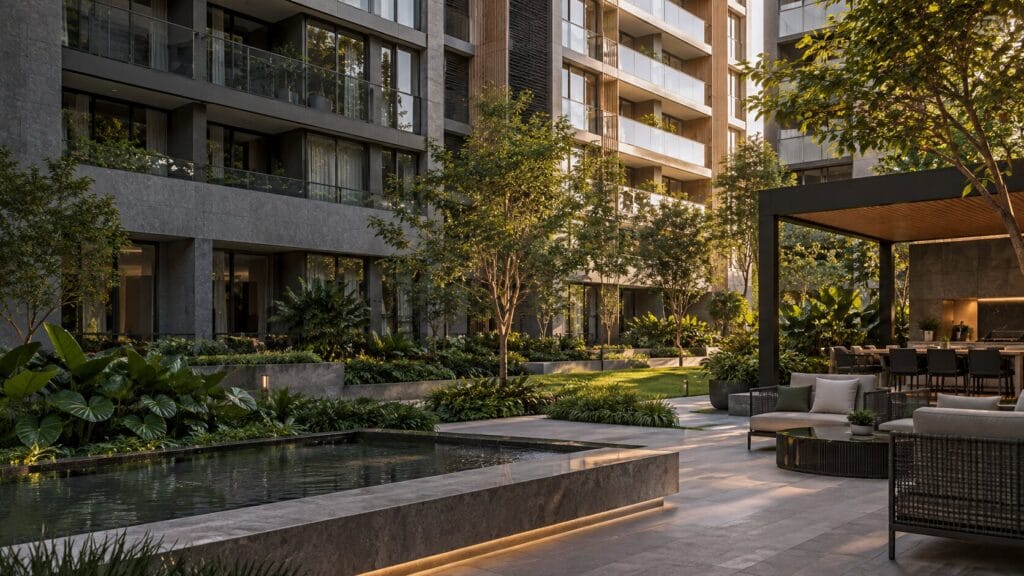 Pátio paisagístico de condomínio residencial