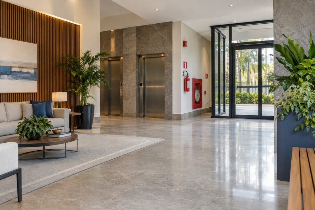 Hall de entrada de condomínio bem conservado
